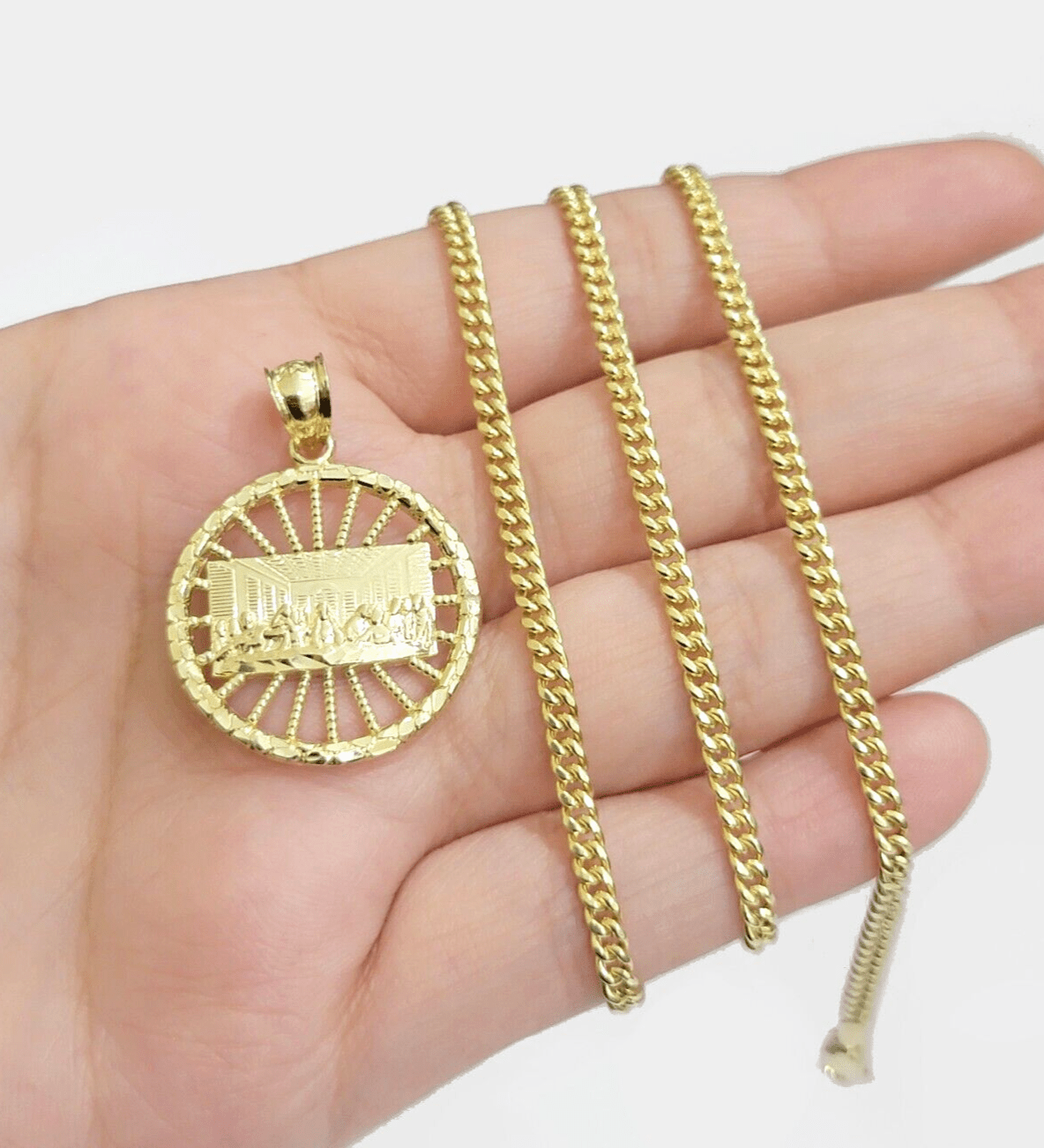 10k Yellow Gold Last Supper Charm Miami Cuban Chain 18'' 10kt Pendant Necklace - Reva Jeweler