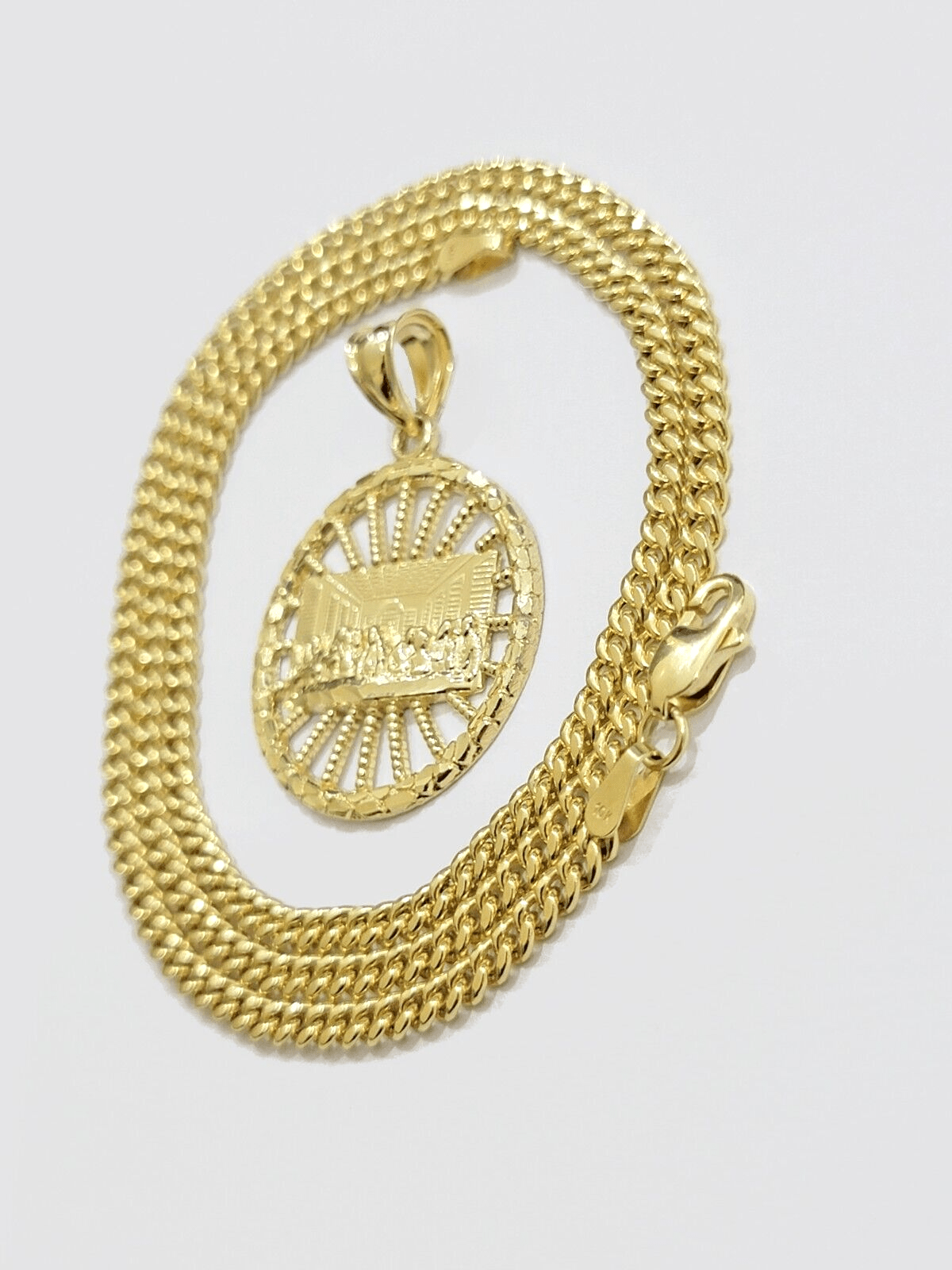 10k Yellow Gold Last Supper Charm Miami Cuban Chain 18'' 10kt Pendant Necklace - Reva Jeweler