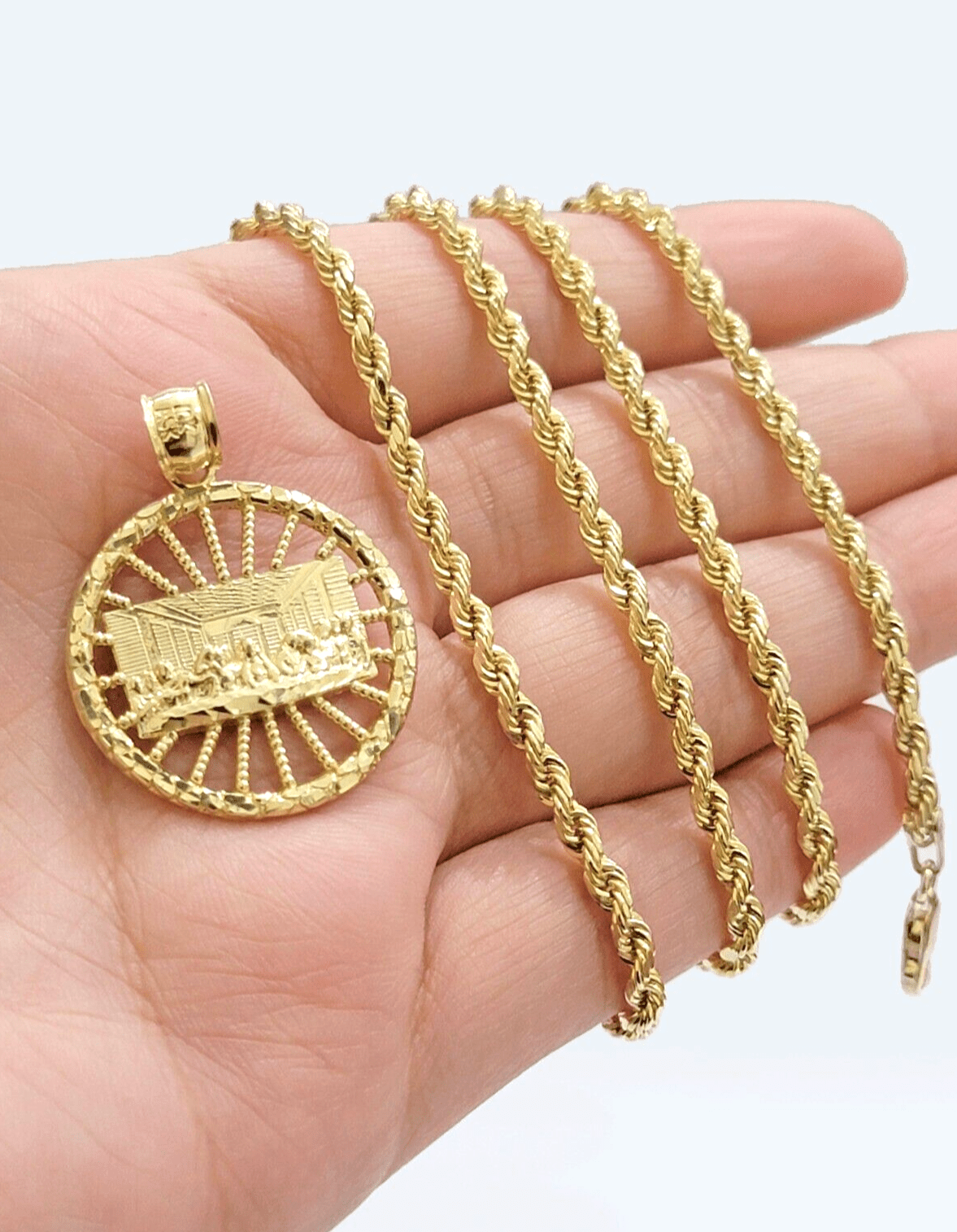 10k Yellow Gold Last Supper Charm Rope Chain 22'' 10kt Circle Pendant Necklace - Reva Jeweler