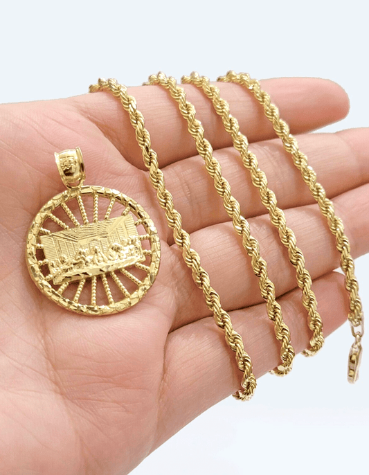 10k Yellow Gold Last Supper Charm Rope Chain 22'' 10kt Circle Pendant Necklace - Reva Jeweler