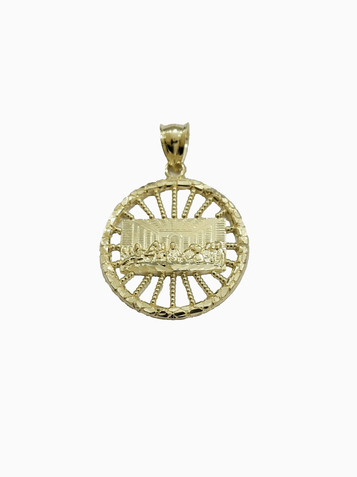 10k Yellow Gold Last Supper Charm Rope Chain 22'' 10kt Circle Pendant Necklace - Reva Jeweler