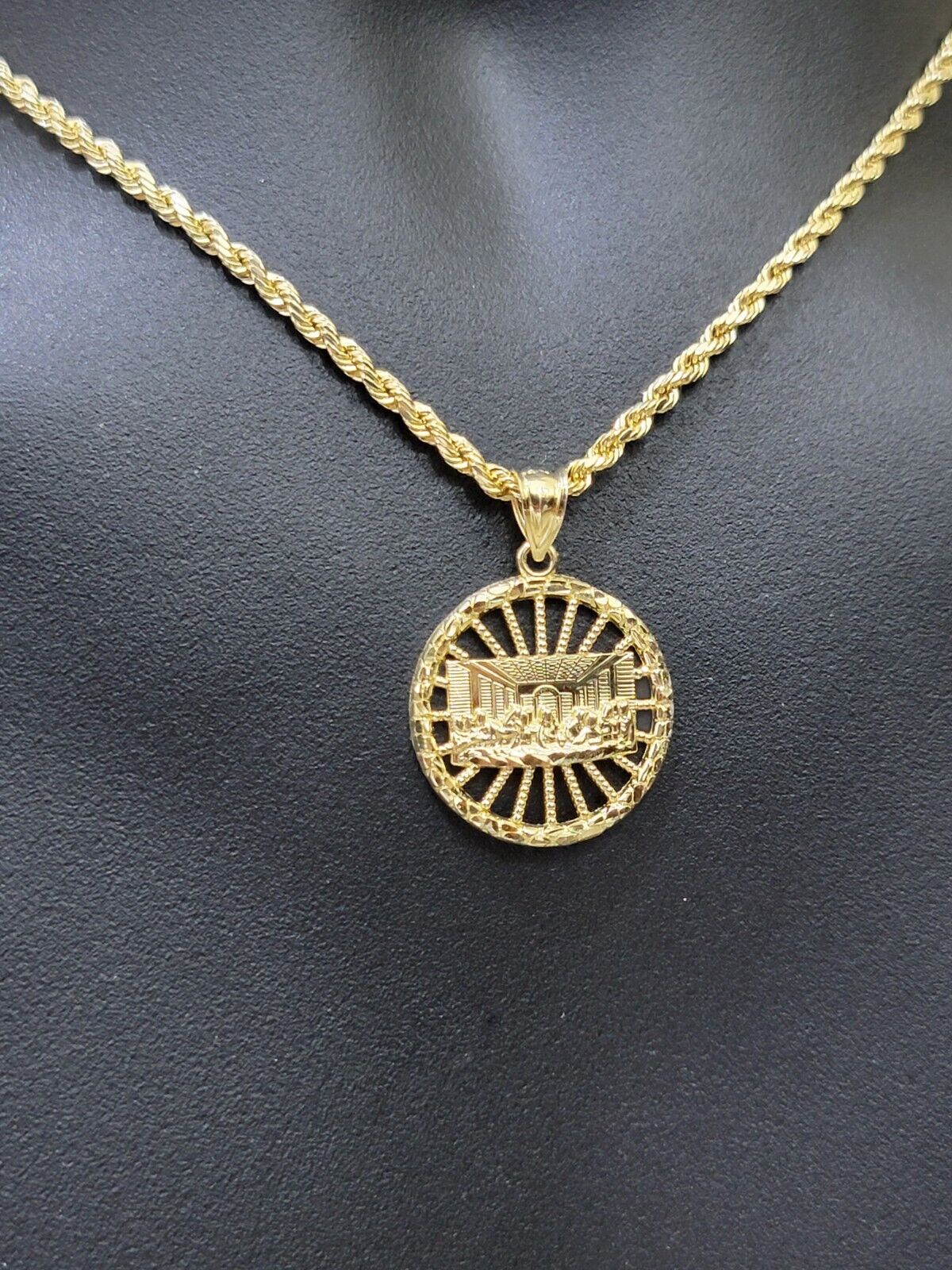 10k Yellow Gold Last Supper Charm Rope Chain 22'' 10kt Circle Pendant Necklace - Reva Jeweler