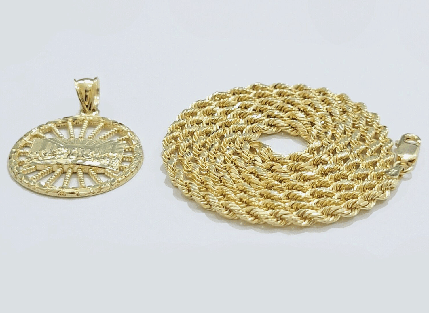 10k Yellow Gold Last Supper Charm Rope Chain 22'' 10kt Circle Pendant Necklace - Reva Jeweler