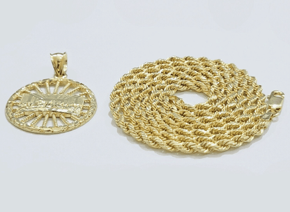 10k Yellow Gold Last Supper Charm Rope Chain 22'' 10kt Circle Pendant Necklace - Reva Jeweler
