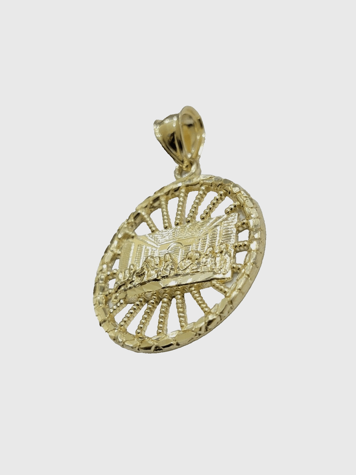 10k Yellow Gold Last Supper Charm Rope Chain 22'' 10kt Circle Pendant Necklace - Reva Jeweler
