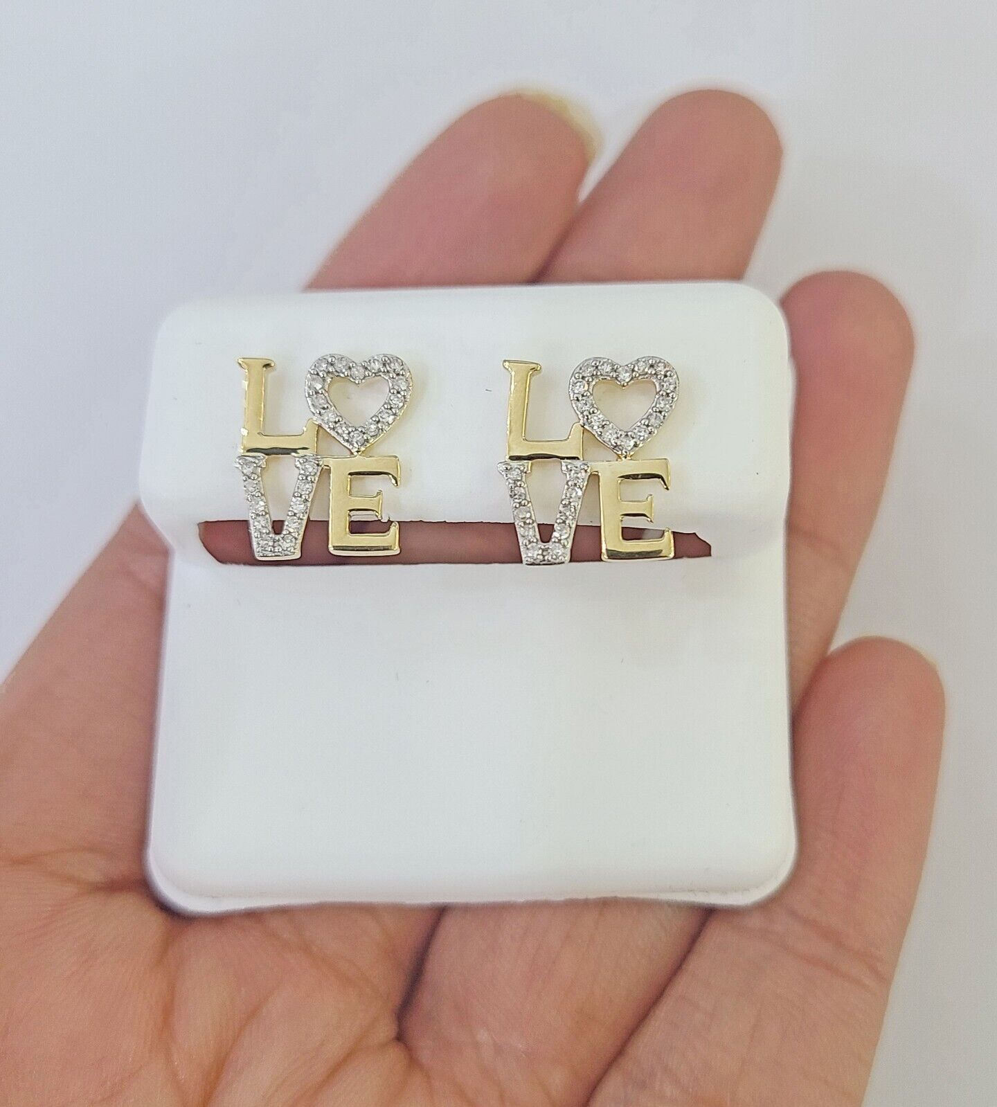 10k Yellow gold LOVE Heart Earrings Real Diamond screw - back Women Men studs - Reva Jeweler