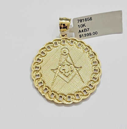 10k Yellow Gold masonic Charm pendant with cuban link circular Christmas Sale - Reva Jeweler