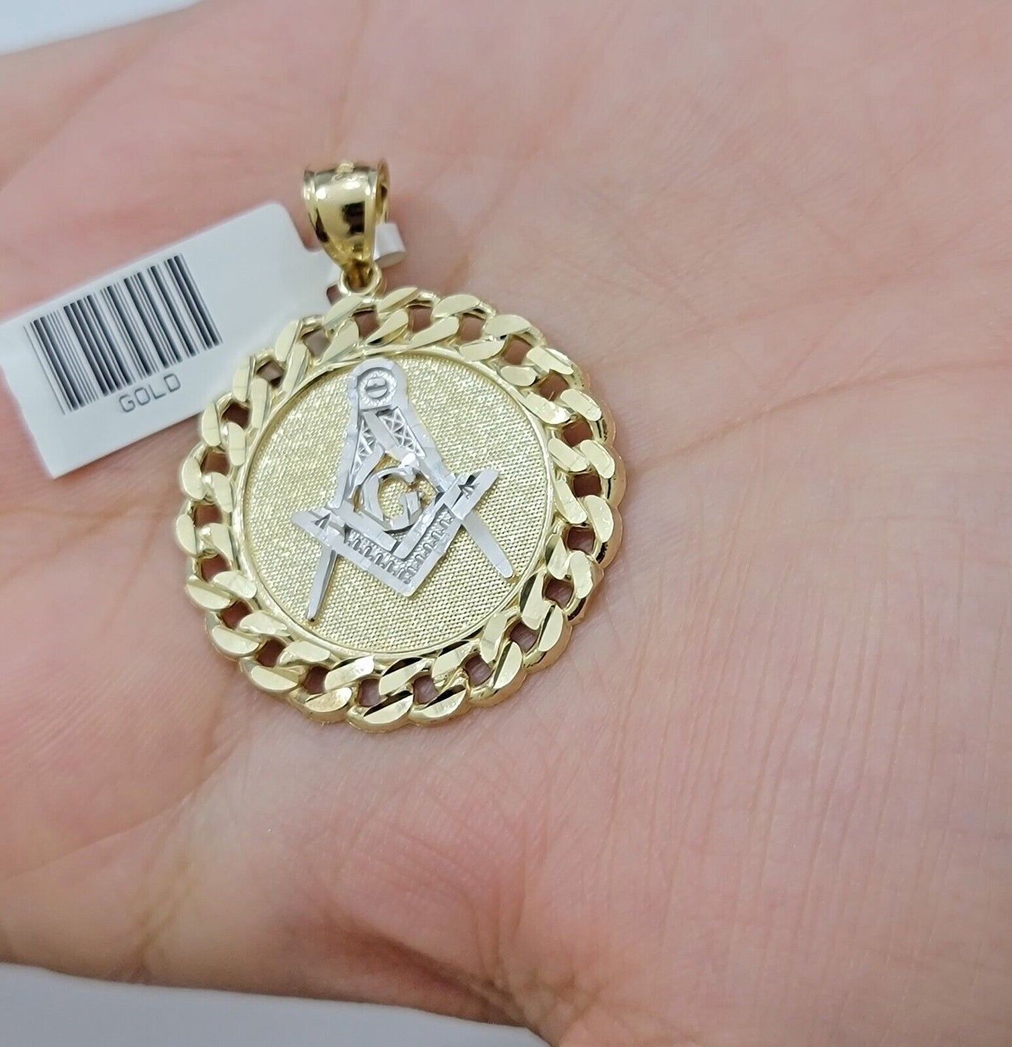 10k Yellow Gold masonic Charm pendant with cuban link circular Christmas Sale - Reva Jeweler