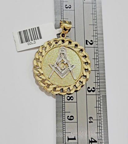 10k Yellow Gold masonic Charm pendant with cuban link circular Christmas Sale - Reva Jeweler