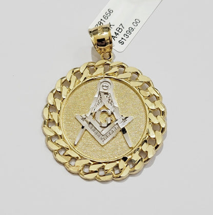 10k Yellow Gold masonic Charm pendant with cuban link circular Christmas Sale - Reva Jeweler