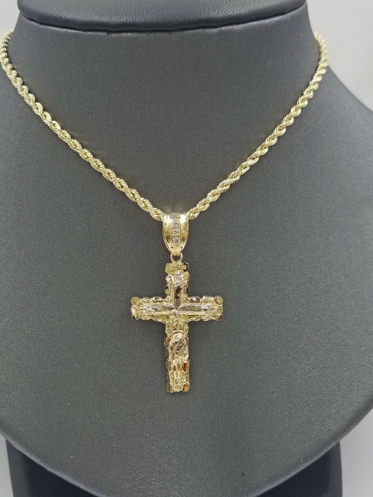 10k Yellow Gold Men Crucifix Cross Charm Pendant Diamond Cut Jesus REAL - Reva Jeweler