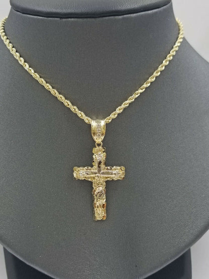 10k Yellow Gold Men Crucifix Cross Charm Pendant Diamond Cut Jesus REAL - Reva Jeweler