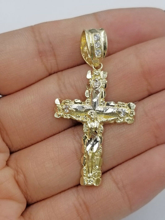 10k Yellow Gold Men Crucifix Cross Charm Pendant Diamond Cut Jesus REAL - Reva Jeweler