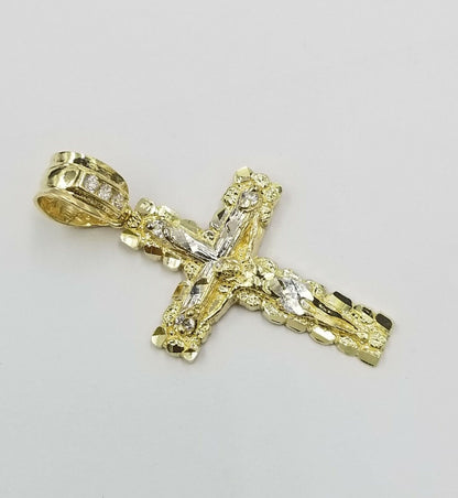 10k Yellow Gold Men Crucifix Cross Charm Pendant Diamond Cut Jesus REAL - Reva Jeweler