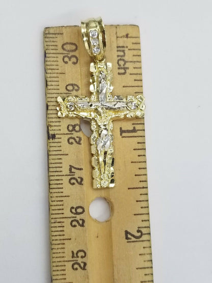 10k Yellow Gold Men Crucifix Cross Charm Pendant Diamond Cut Jesus REAL - Reva Jeweler