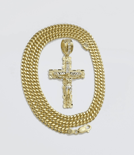 10k Yellow Gold Miami Cuban Chain 5mm 18" inch Necklace Jesus Cross Charm Real - GoldenlinQ