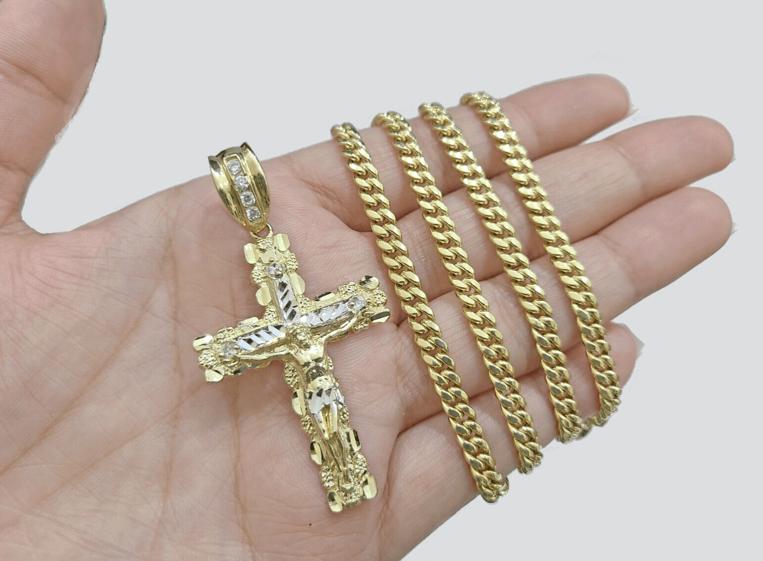 10k Yellow Gold Miami Cuban Chain 5mm 24" inch Necklace Jesus Cross Charm Real - Reva Jeweler
