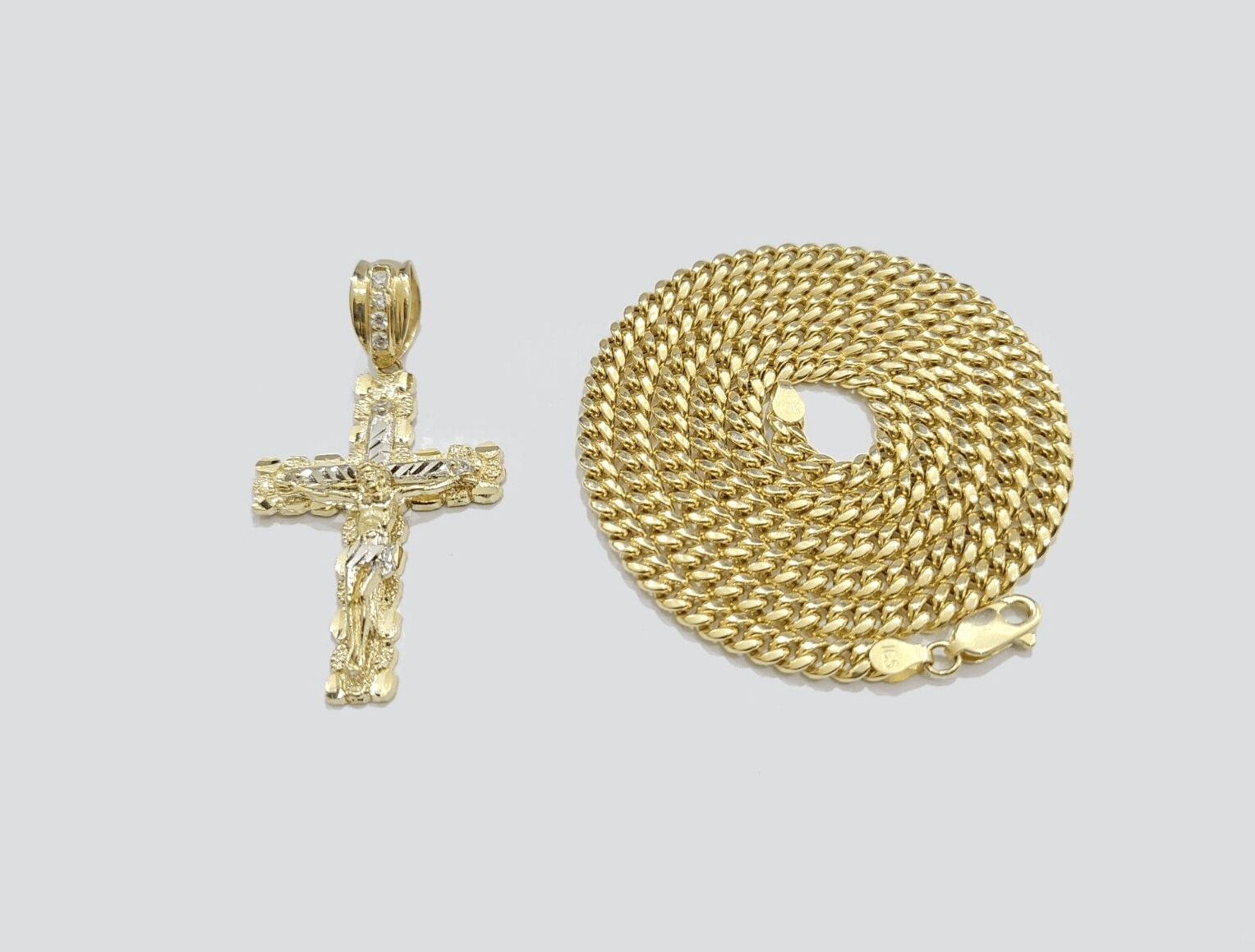 10k Yellow Gold Miami Cuban Chain 5mm 24" inch Necklace Jesus Cross Charm Real - Reva Jeweler