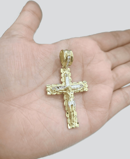 10k Yellow Gold Miami Cuban Chain 5mm 24" inch Necklace Jesus Cross Charm Real - Reva Jeweler
