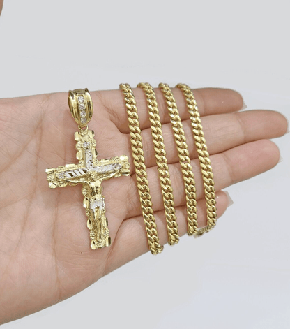 10k Yellow Gold Miami Cuban Chain 5mm 24" inch Necklace Jesus Cross Charm Real - Reva Jeweler