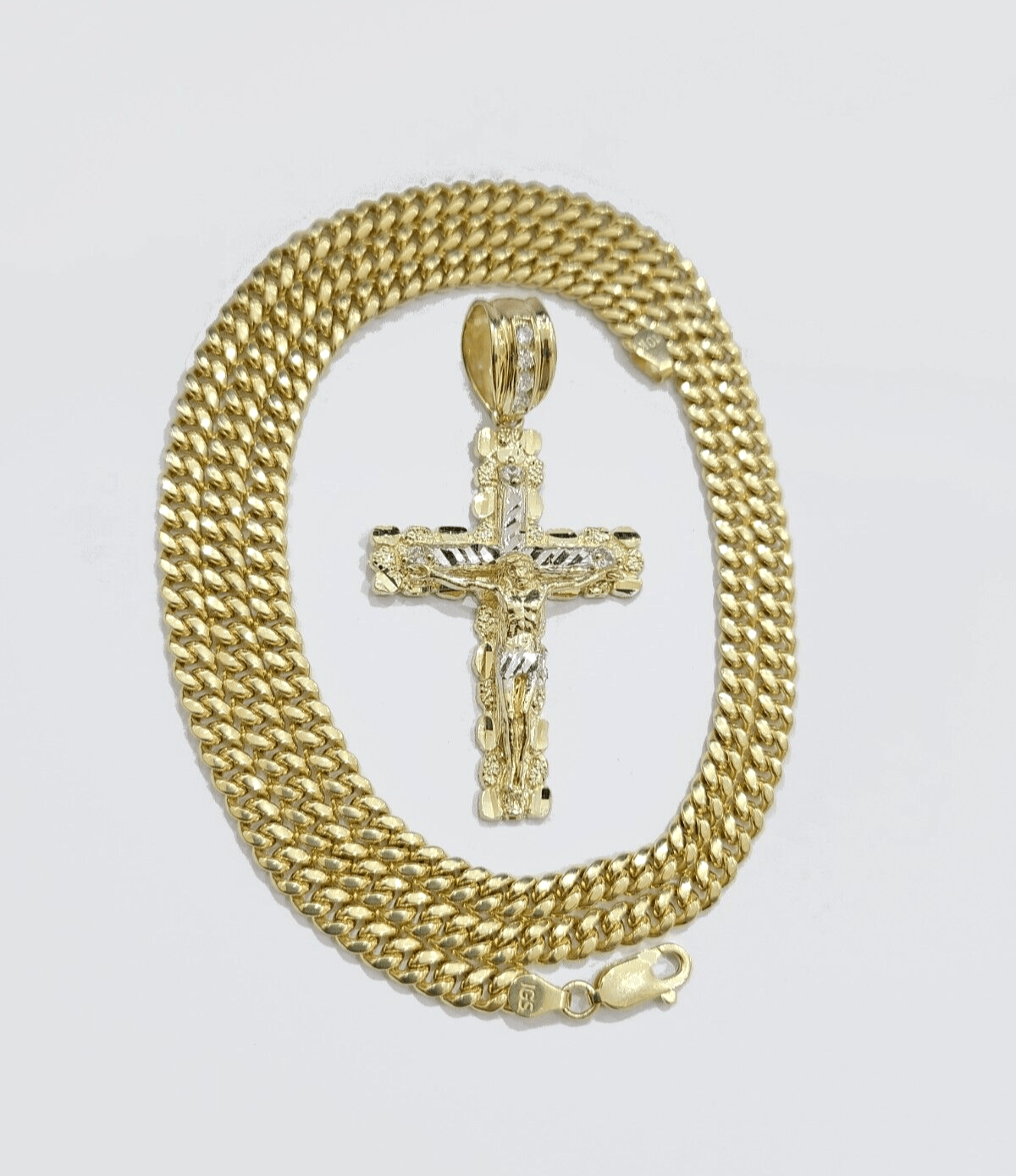 10k Yellow Gold Miami Cuban Chain 5mm 24" inch Necklace Jesus Cross Charm Real - Reva Jeweler