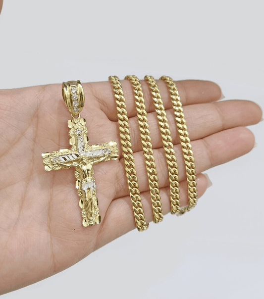 10k Yellow Gold Miami Cuban Chain 5mm 24" inch Necklace Jesus Cross Charm Real - Reva Jeweler