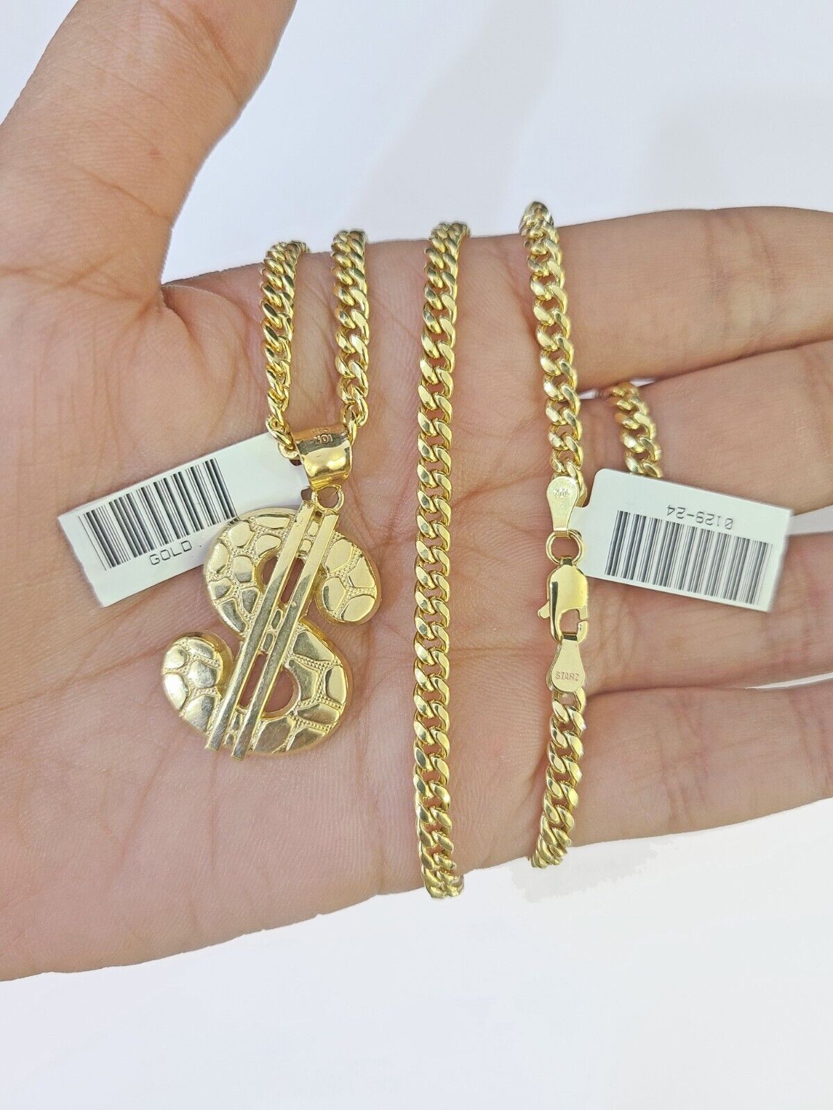 10k Yellow Gold Miami Cuban Chain & Dollar Charm Pendent SET 3mm 22 Inches - Reva Jeweler