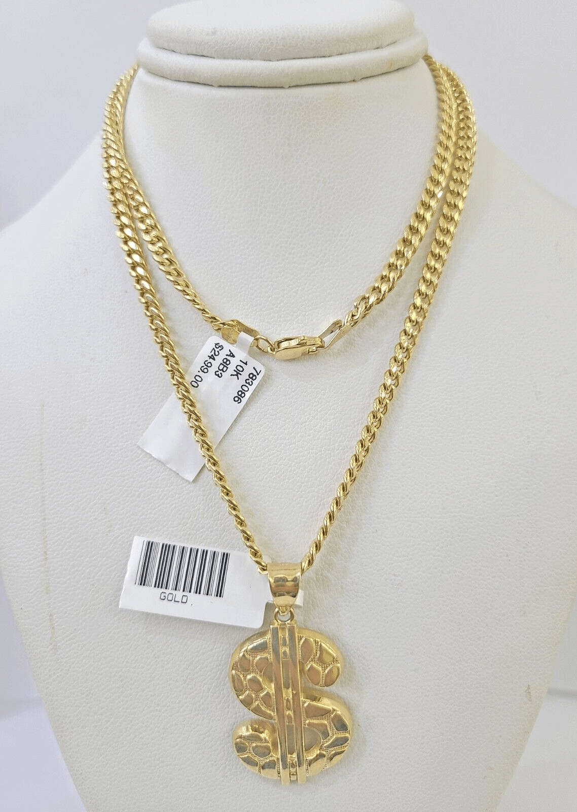 10k Yellow Gold Miami Cuban Chain & Dollar Charm Pendent SET 3mm 22 Inches - Reva Jeweler