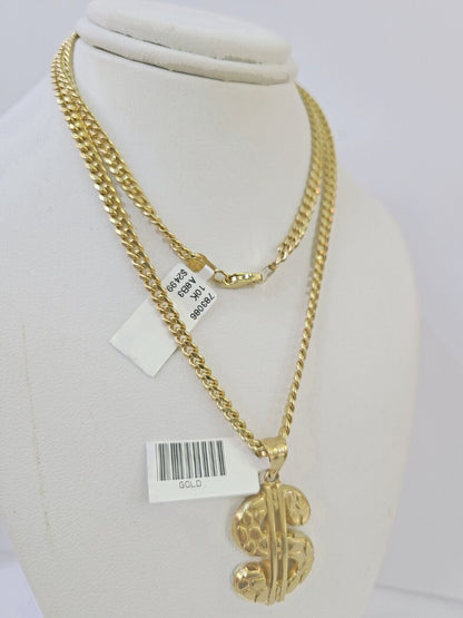 10k Yellow Gold Miami Cuban Chain & Dollar Charm Pendent SET 3mm 22 Inches - Reva Jeweler