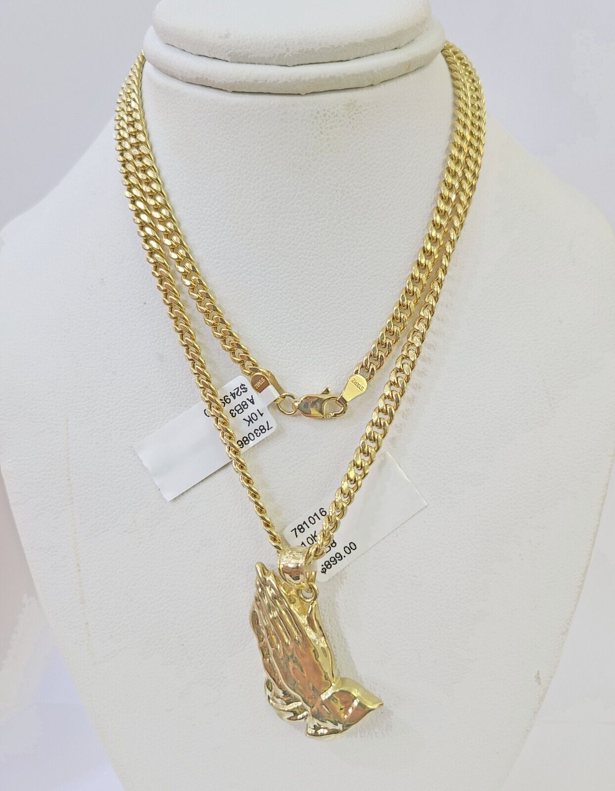 10k Yellow Gold Miami Cuban Chain & Praying Hands Charm SET 3mm 22 Inches - Reva Jeweler