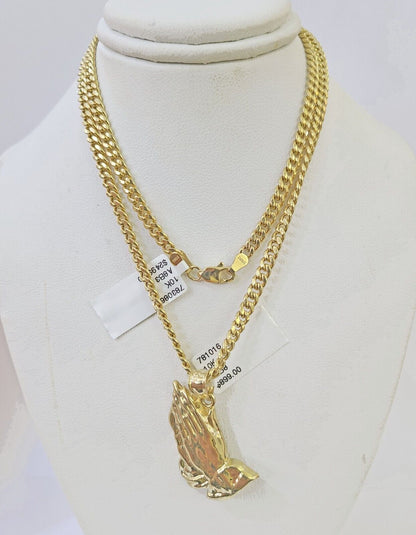 10k Yellow Gold Miami Cuban Chain & Praying Hands Charm SET 3mm 22 Inches - Reva Jeweler