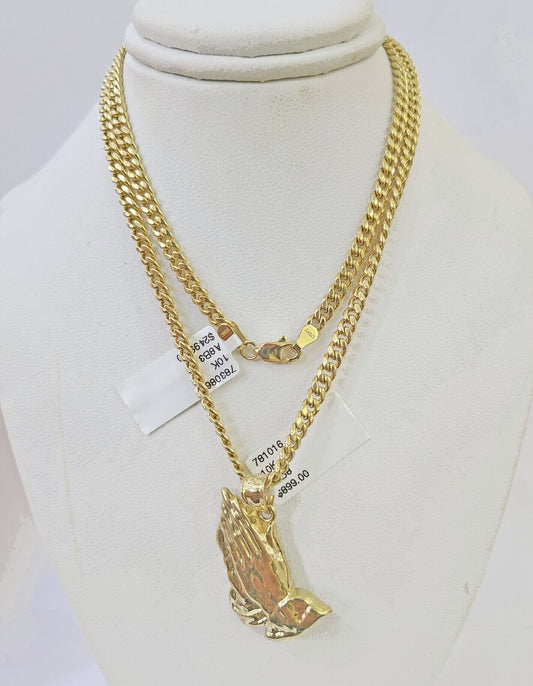 10k Yellow Gold Miami Cuban Chain & Praying Hands Charm SET 3mm 22 Inches - Reva Jeweler