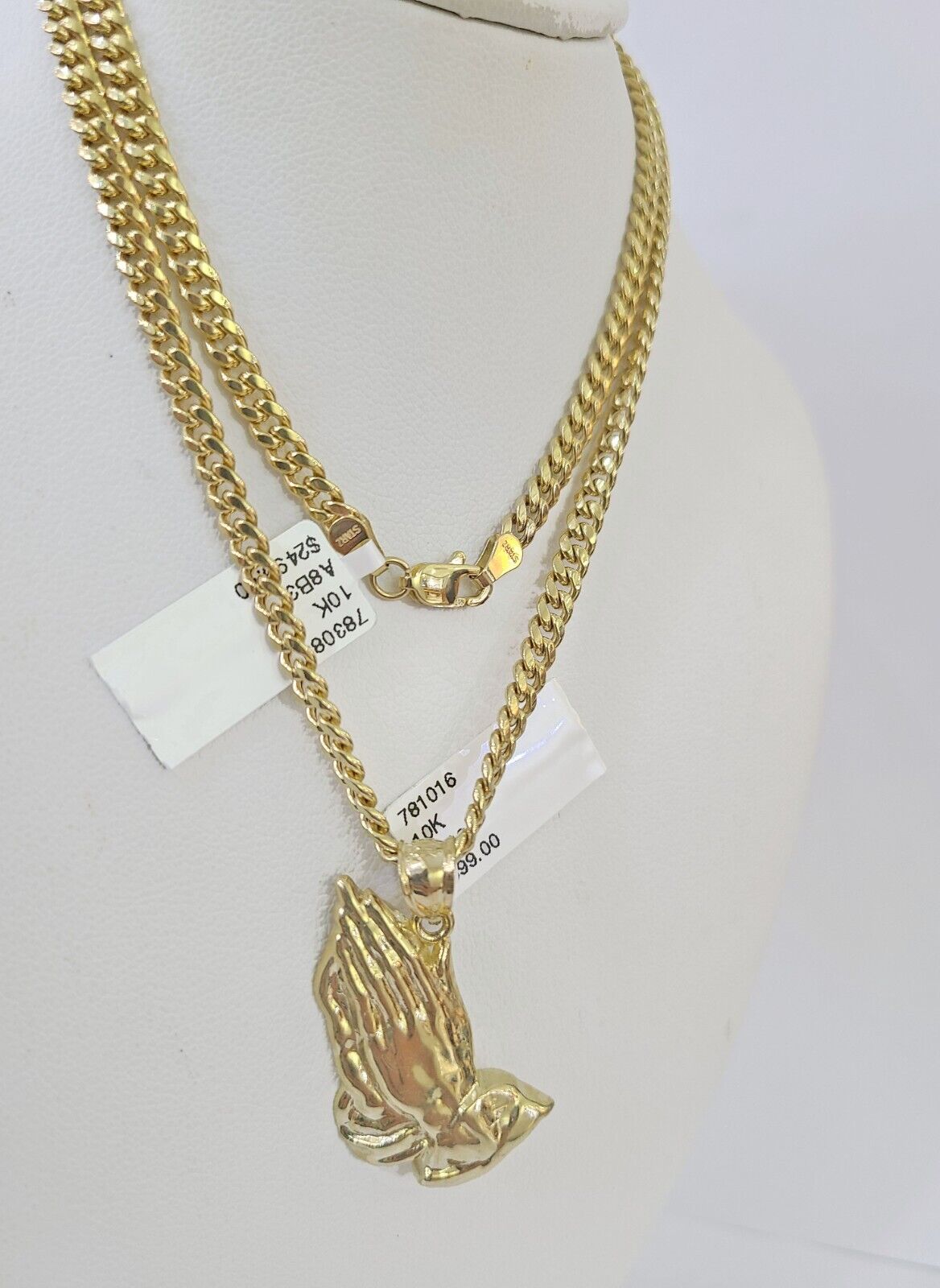 10k Yellow Gold Miami Cuban Chain & Praying Hands Charm SET 3mm 22 Inches - Reva Jeweler