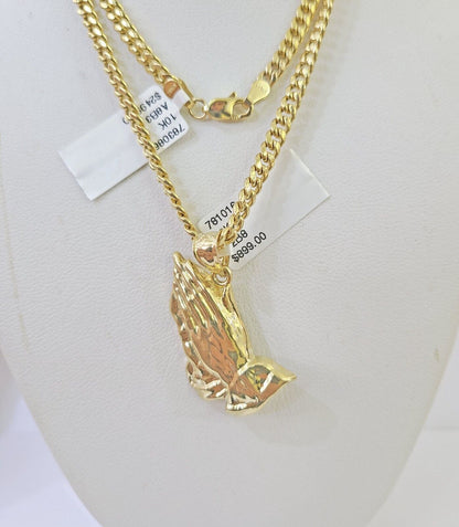 10k Yellow Gold Miami Cuban Chain & Praying Hands Charm SET 3mm 22 Inches - Reva Jeweler