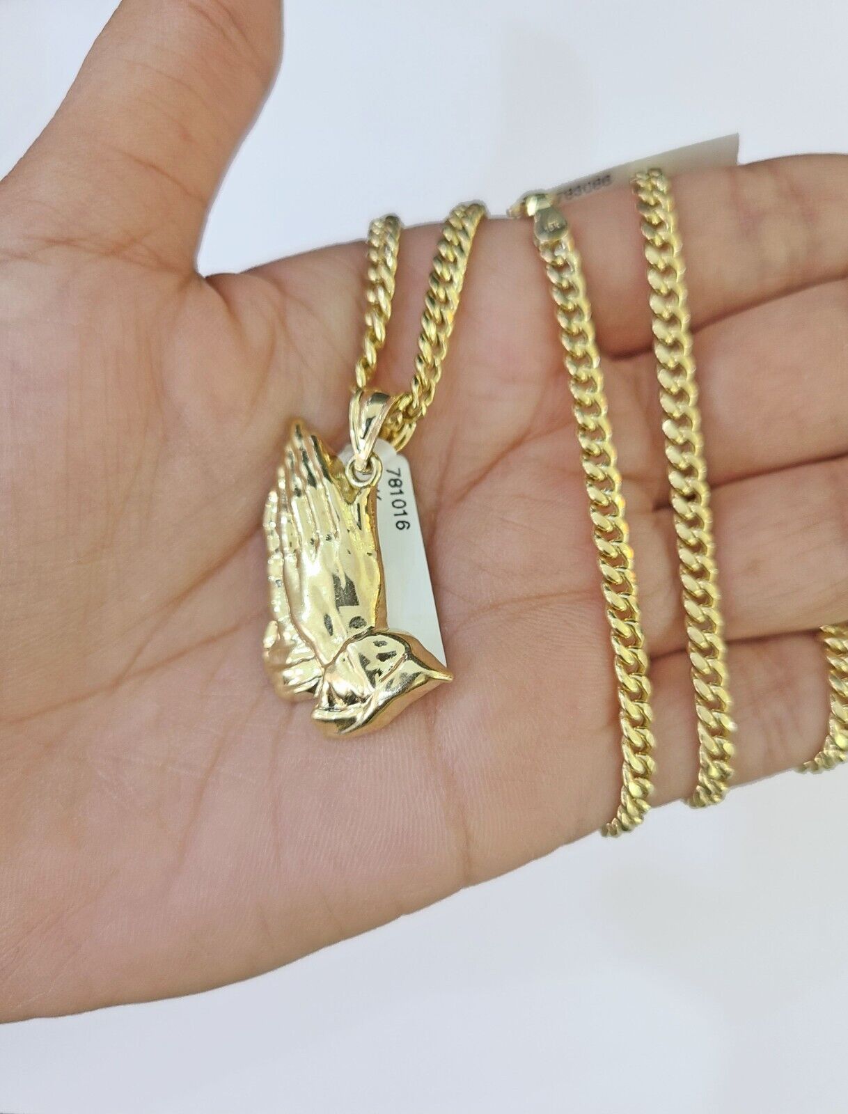 10k Yellow Gold Miami Cuban Chain & Praying Hands Charm SET 3mm 22 Inches - Reva Jeweler