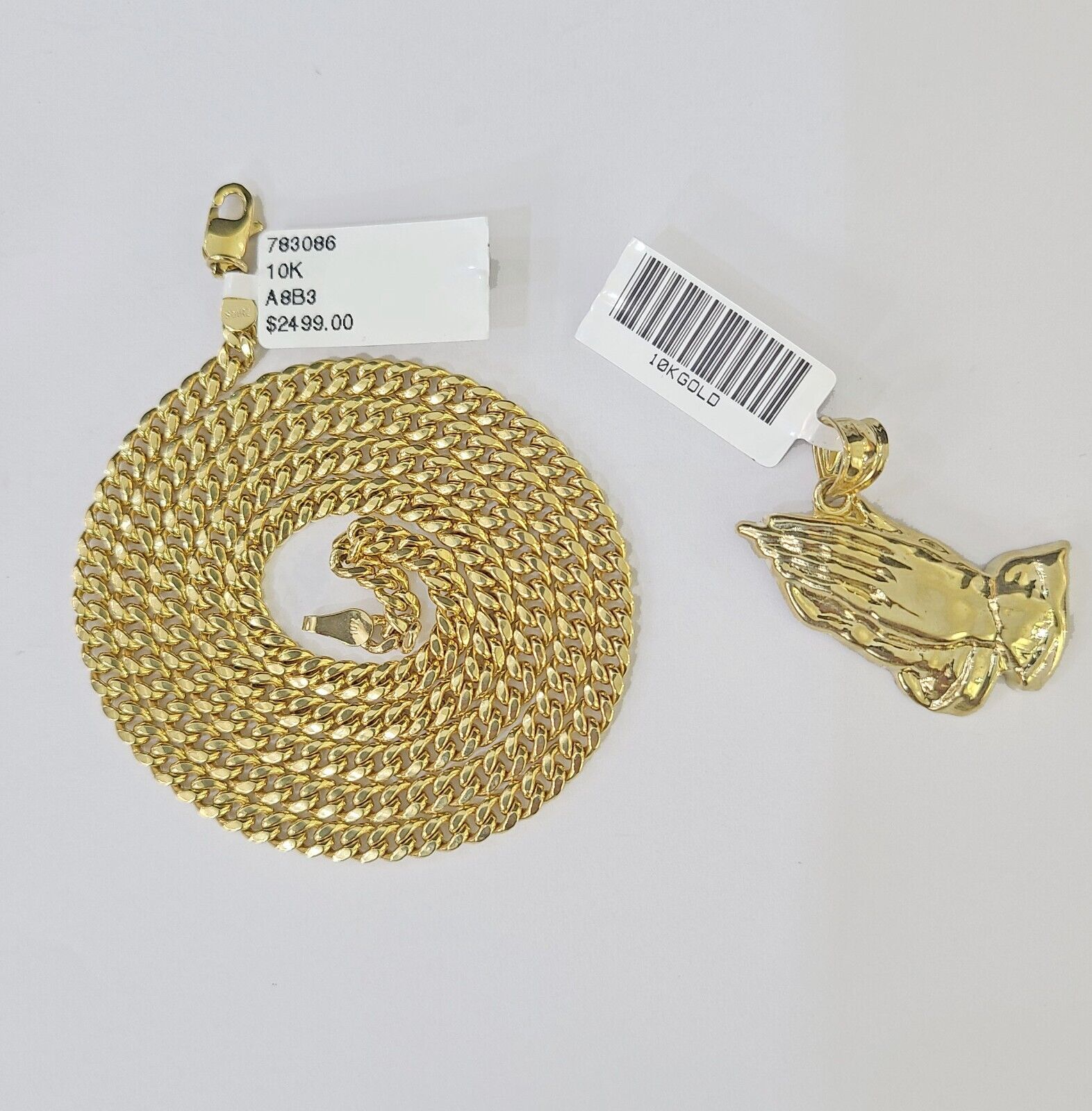 10k Yellow Gold Miami Cuban Chain & Praying Hands Charm SET 3mm 22 Inches - Reva Jeweler