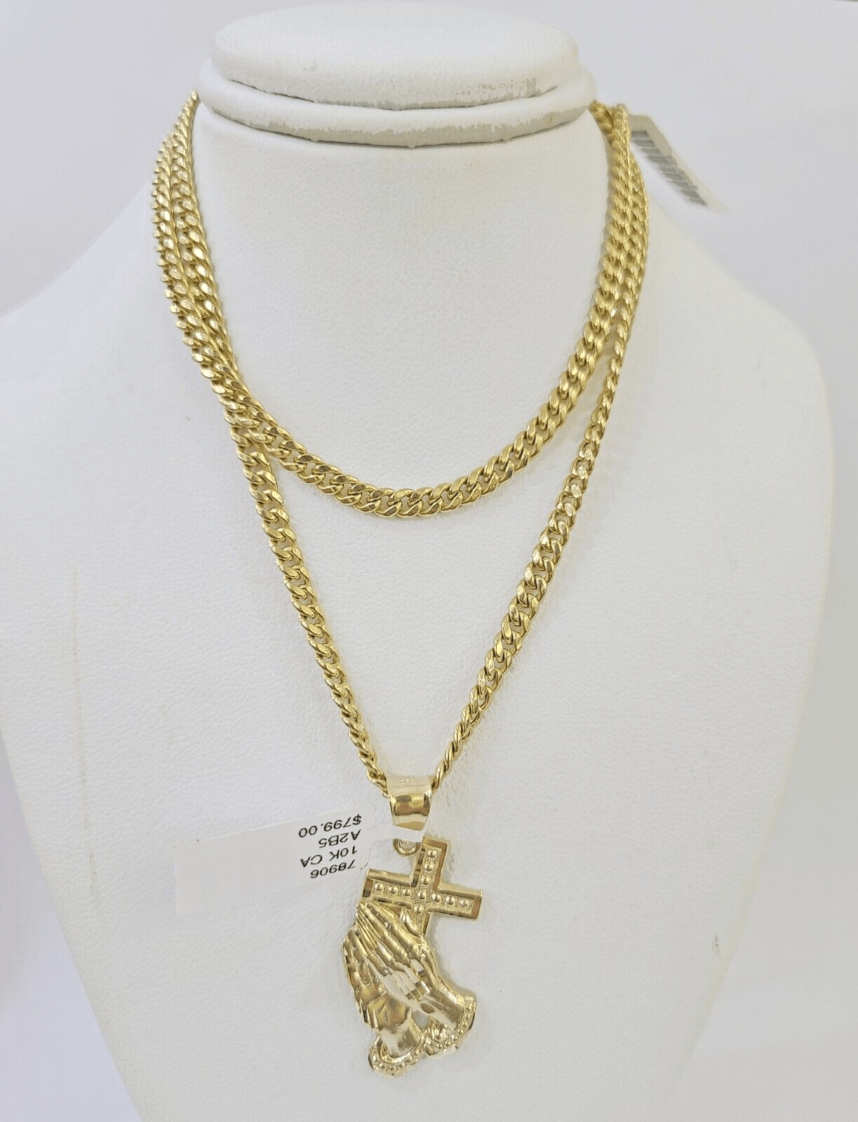 10k Yellow Gold Miami Cuban Chain & Praying Hands Cross Charm SET 3mm 22 Inches - Reva Jeweler