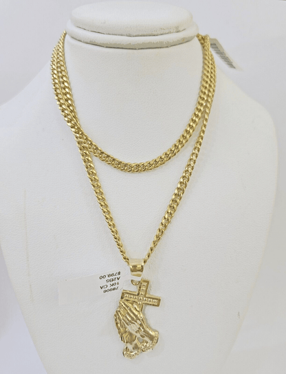 10k Yellow Gold Miami Cuban Chain & Praying Hands Cross Charm SET 3mm 22 Inches - Reva Jeweler