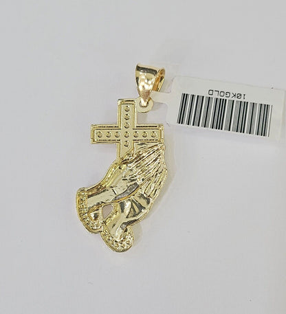 10k Yellow Gold Miami Cuban Chain & Praying Hands Cross Charm SET 3mm 22 Inches - Reva Jeweler
