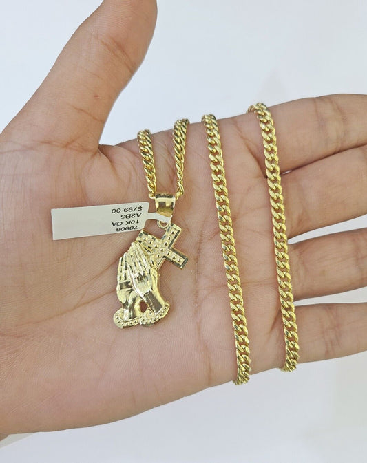 10k Yellow Gold Miami Cuban Chain & Praying Hands Cross Charm SET 3mm 22 Inches - Reva Jeweler