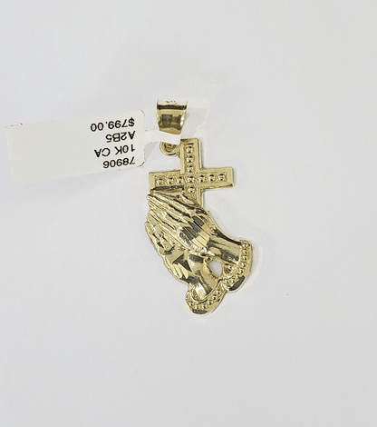 10k Yellow Gold Miami Cuban Chain & Praying Hands Cross Charm SET 3mm 22 Inches - Reva Jeweler