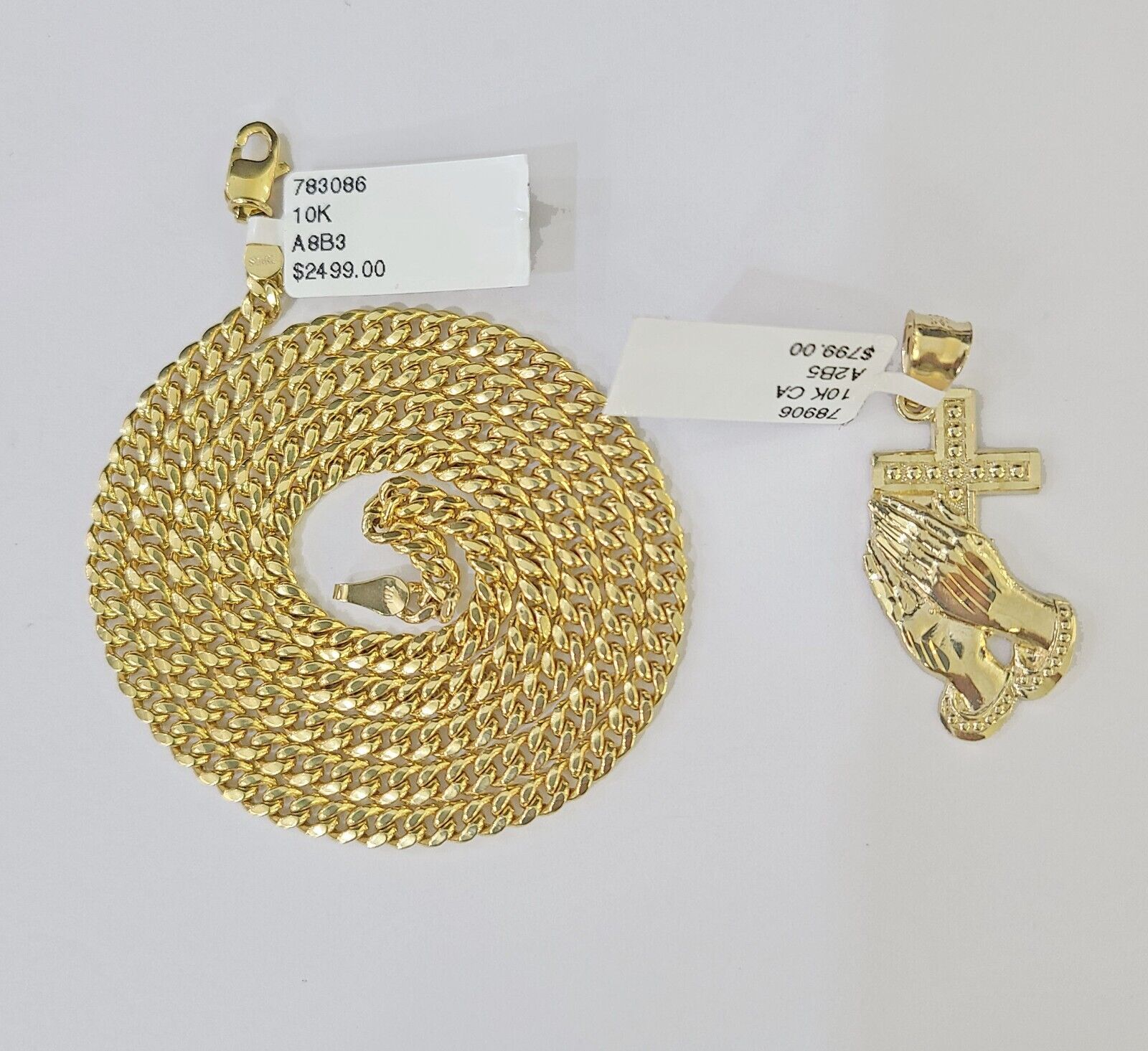 10k Yellow Gold Miami Cuban Chain & Praying Hands Cross Charm SET 3mm 22 Inches - Reva Jeweler