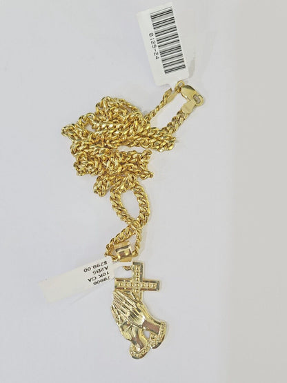 10k Yellow Gold Miami Cuban Chain & Praying Hands Cross Charm SET 3mm 22 Inches - Reva Jeweler