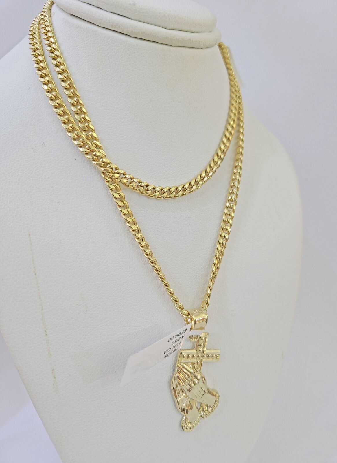 10k Yellow Gold Miami Cuban Chain & Praying Hands Cross Charm SET 3mm 22 Inches - Reva Jeweler