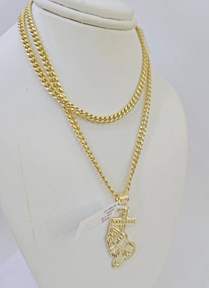 10k Yellow Gold Miami Cuban Chain & Praying Hands Cross Charm SET 3mm 22 Inches - Reva Jeweler