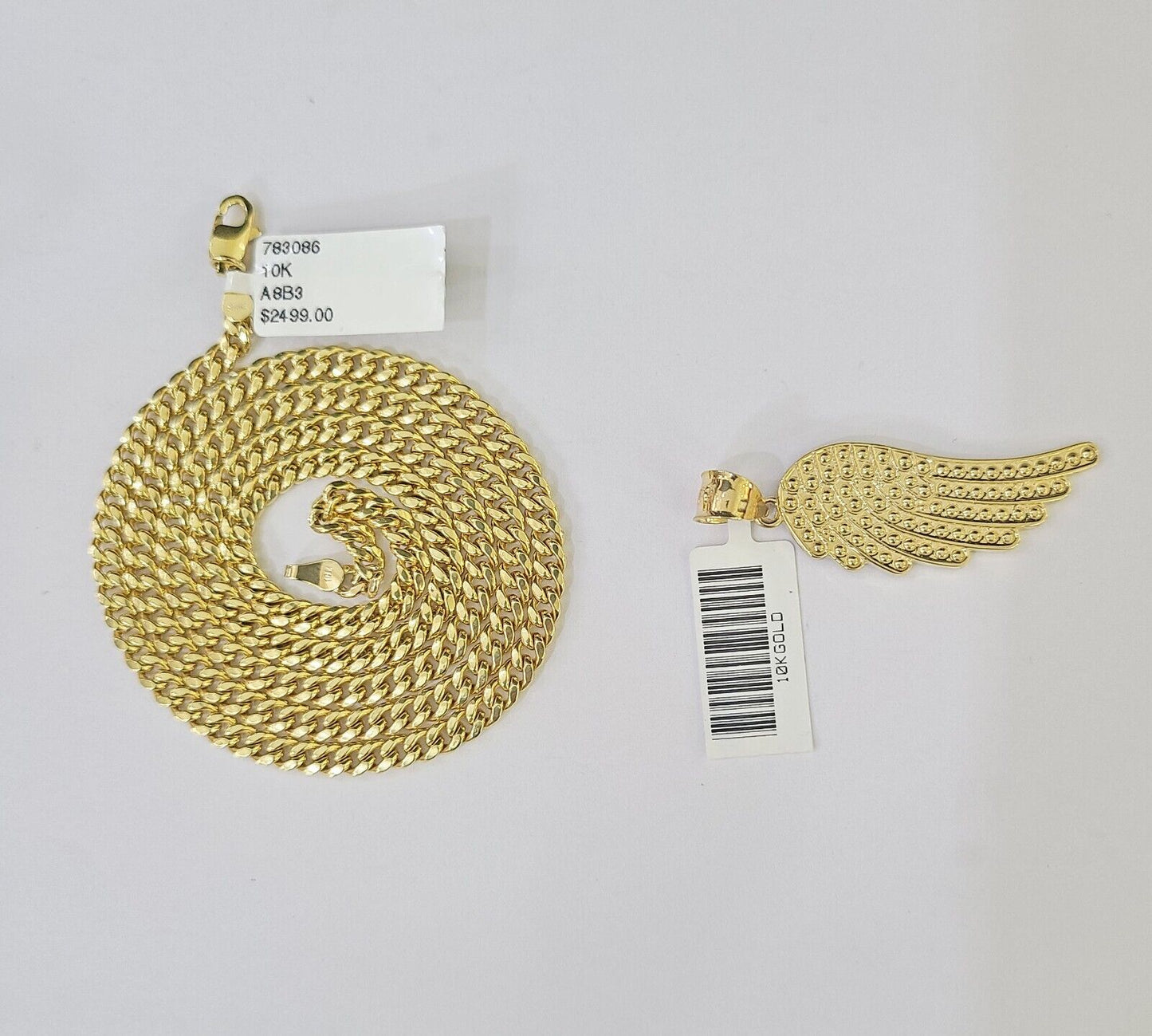 10k Yellow Gold Miami Cuban Chain & Wings Charm Pendent SET 3mm 22 Inches - Reva Jeweler