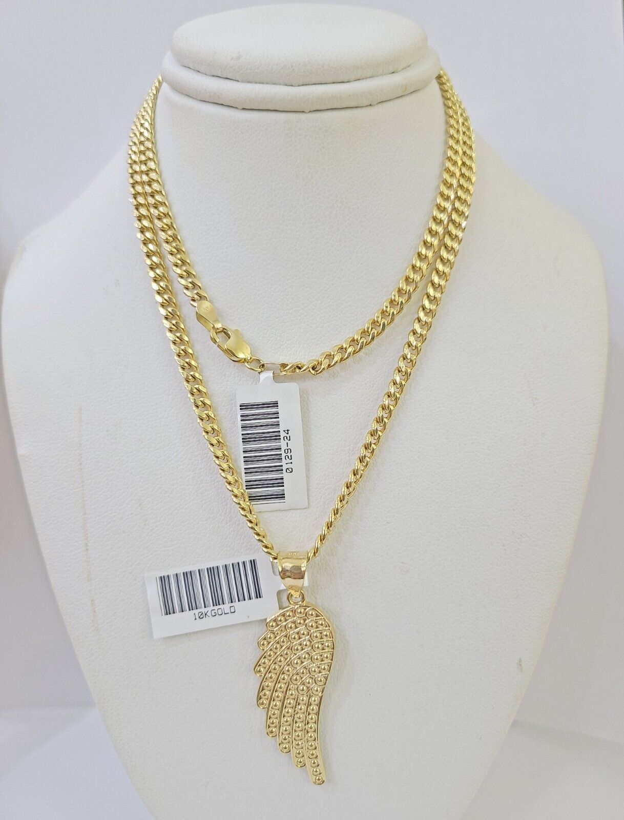 10k Yellow Gold Miami Cuban Chain & Wings Charm Pendent SET 3mm 22 Inches - Reva Jeweler