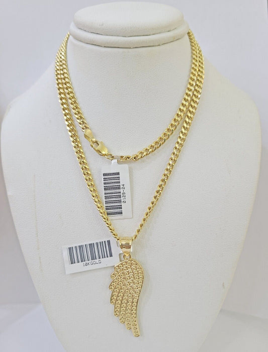 10k Yellow Gold Miami Cuban Chain & Wings Charm Pendent SET 3mm 22 Inches - Reva Jeweler