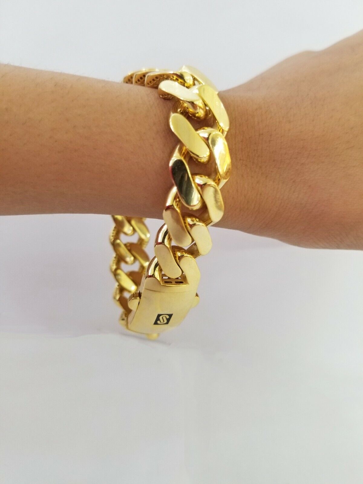 10K Yellow Gold Monaco Bracelet 8 inch 15mm Cuban link Real 10kt For Men's - Reva Jeweler
