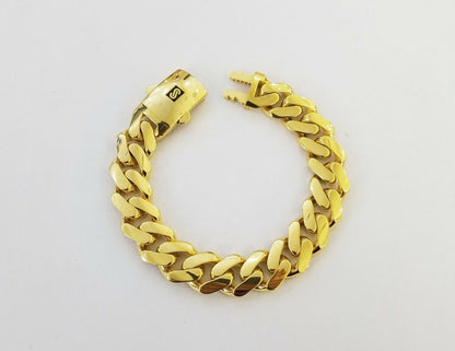 10K Yellow Gold Monaco Bracelet 9 inch 15mm Cuban link Men's Real 10kt - Reva Jeweler